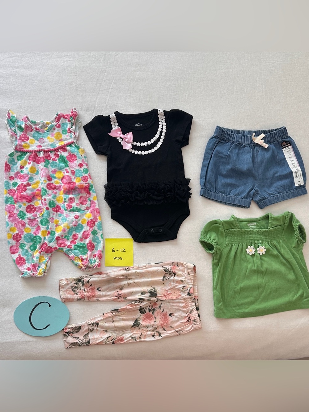 6-12 M - Baby Girl Clothing Bundle - Black, Floral, Green, Denim, Multicolor